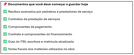 Checklist de documentos que devem ser guardados durante uma obra