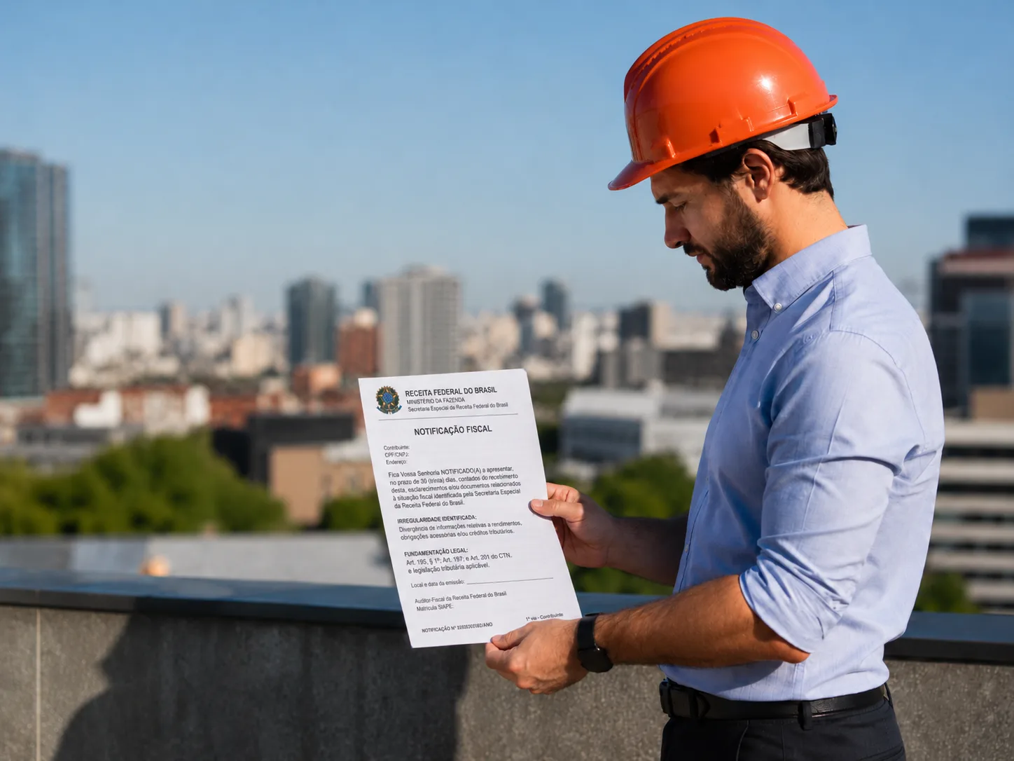 Profissional de obra segurando uma notificação fiscal da Receita Federal