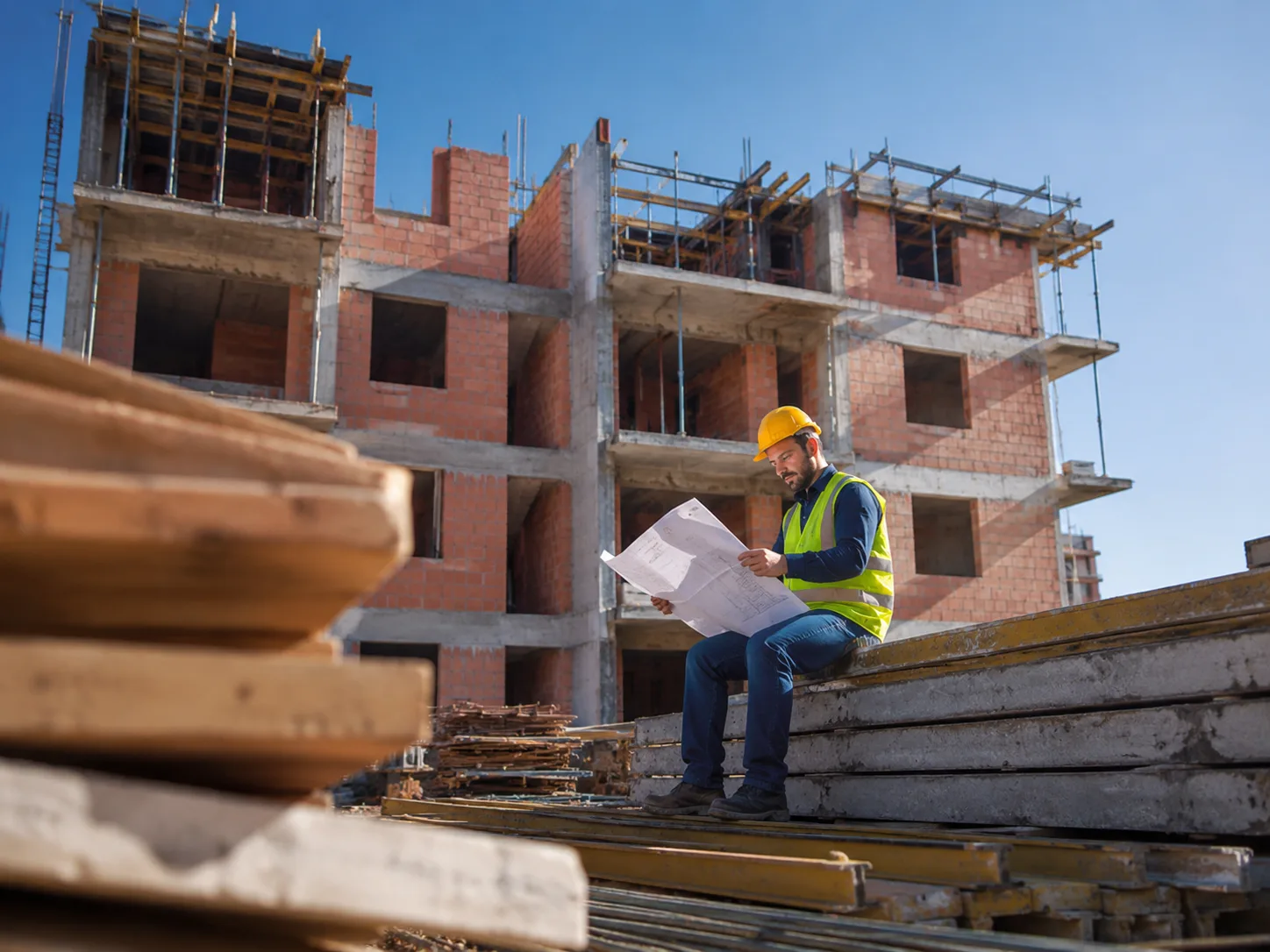 Profissional analisando projeto em uma obra em construção